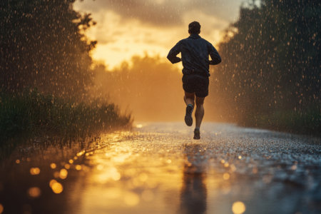 A lone runner navigates a wet road as rain falls and the sunset casts a beautiful glow.の写真素材