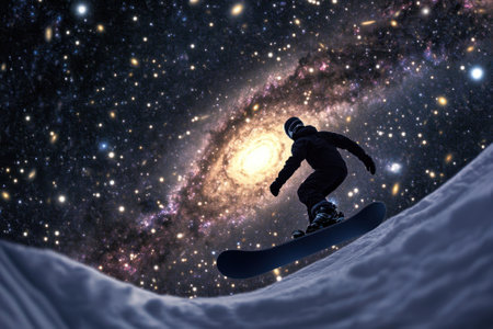 A snowboarder carves down a snow-covered slope with a vivid galaxy backdrop swirling above.の写真素材