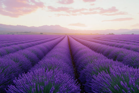 Rows of blooming lavender stretch across the landscape as the sun sets in the background.の写真素材