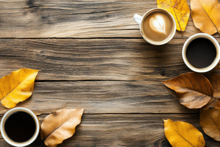 Warm coffee cups are arranged on a wooden table with vibrant autumn leaves scattered around them.の写真素材