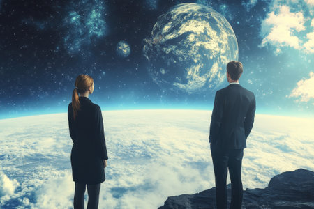 Two formally dressed individuals stand on rocks, gazing at a glowing planet among stars in the vast sky.の写真素材