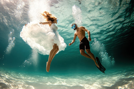 A couple swims gracefully underwater surrounded by clear blue water, showing elegance and joy.の写真素材