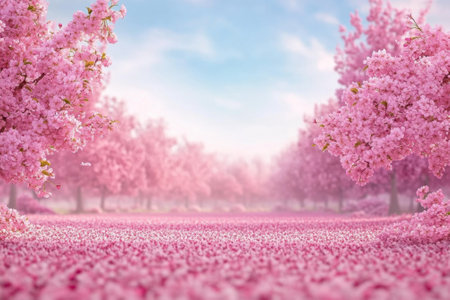 Vibrant cherry trees bloom with pink flowers, filling the park with color and creating a tranquil atmosphere.の写真素材