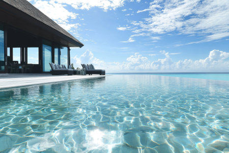 Luxurious infinity pool reflects the vibrant sky and ocean, ideal for relaxation and outdoor enjoyment.の写真素材