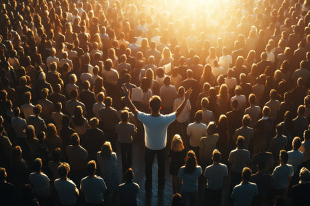 A large crowd of people listen intently as a speaker raises their hands in excitement at an outdoor event.の写真素材