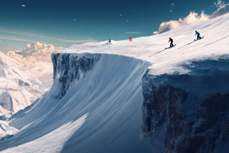 Four skiers traverse a breathtaking snowy plateau surrounded by towering cliffs and blue skies.の写真素材