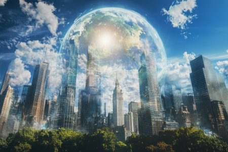 Skyscrapers rise under a bright sun, while a giant planet floats above, creating a surreal scene.の写真素材
