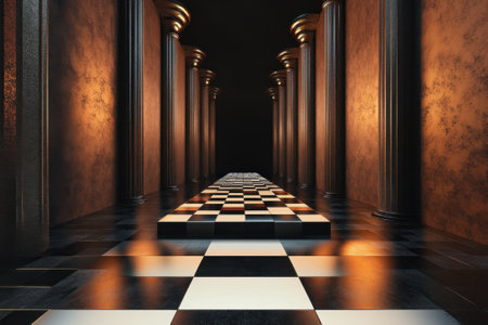Tall columns line a dim hallway with a striking checkerboard floor illuminated by soft light.の写真素材