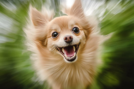 Small dog with long fur joyfully running in a vibrant green environment on a sunny afternoon.の写真素材