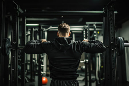 A man in a black hoodie executes a barbell exercise at a dimly lit gym, showing dedication to fitness.の写真素材