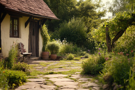 A charming cottage sits amidst a lush garden with stone pathway and blooming flowers, evoking tranquility.の写真素材