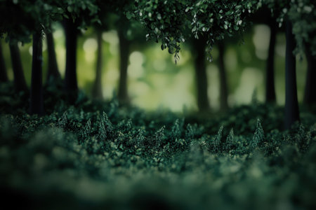 A serene forest filled with dense greenery and soft natural light creates a peaceful atmosphere.の写真素材