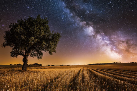 A vibrant milky way stretches across the night sky above a tranquil field, enhancing a serene landscape.の写真素材
