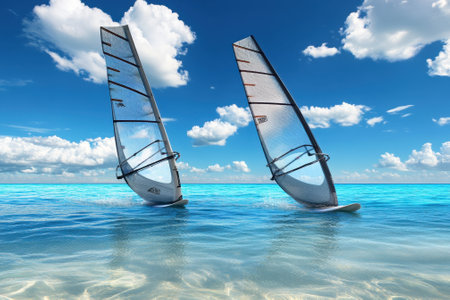 Two windsurfers navigate the turquoise water, enjoying the sunny weather and gentle breeze on a beautiful day.の写真素材