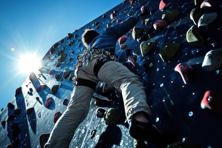 A climber ascends a textured rock wall during the day, with the sun shining brightly overhead.の写真素材