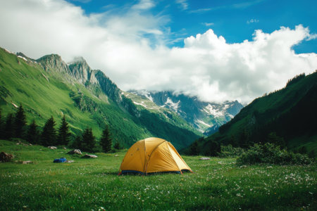 A bright yellow tent sits on green grass surrounded by majestic mountains and fluffy clouds above.の写真素材
