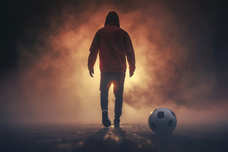 A lone figure approaches a soccer ball on a dimly lit field, shrouded in fog and mystery at night.の写真素材