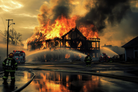 Firefighters battle a large fire engulfing an abandoned structure as smoke and flames rise dramatically.の写真素材