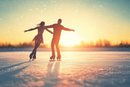 Two skaters enjoy a graceful moment on the ice as the sun sets, creating a magical atmosphere.の写真素材
