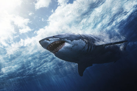 A great white shark glides through the clear ocean blue, rays of sunlight piercing the surface above.の写真素材