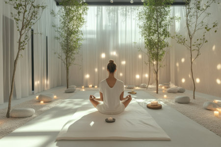 A person sits in a calm, meditative pose in a serene indoor space filled with natural light and plants.の写真素材