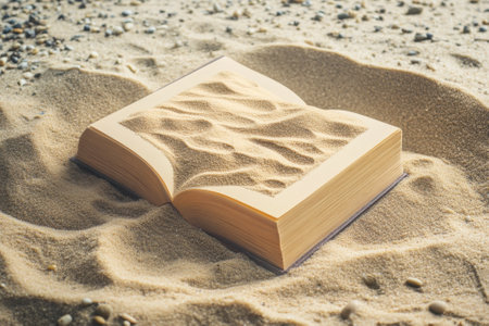 A book lies on the sandy beach, its pages create unique patterns as sand fills the space around it.の写真素材