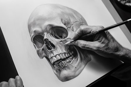 A detailed human skull is being meticulously drawn by an artist using a pencil in a black and white composition.の写真素材