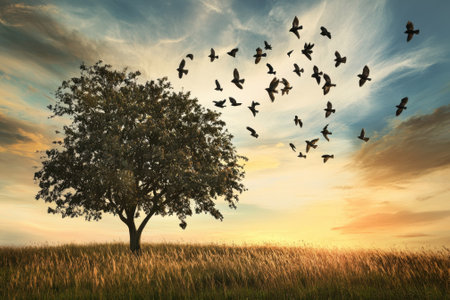 A large tree stands in a golden field as birds soar into the colorful sky during sunset.の写真素材