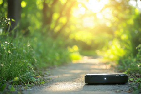 A robot vacuum cleaner moves along a garden path surrounded by green plants under sunlight.の写真素材