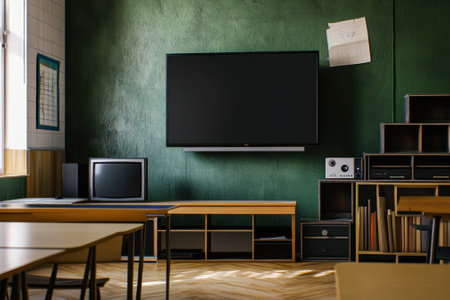 A classroom features a large wall-mounted screen, traditional TV, and sleek wooden furniture in a green space.の写真素材