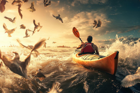 A person paddles a kayak through ocean waves, accompanied by birds flying overhead during sunset.の写真素材