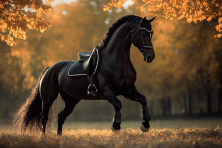 A black horse showcases its elegance while trotting through a serene, autumnal setting filled with golden leaves.の写真素材