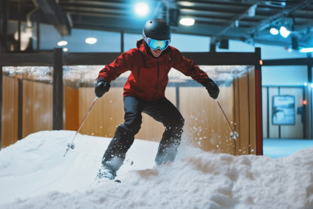 A skier in a red jacket is gliding over snow in an indoor ski facility, showing precision and excitement.の写真素材