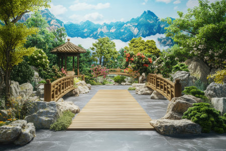 Beautiful garden featuring wooden bridges and a gazebo, set against vibrant mountains and lush foliage.の写真素材