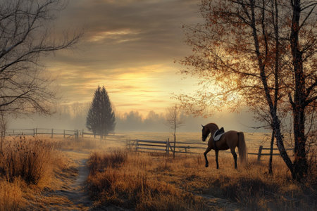 A horse stands quietly in a golden field as the sun sets behind trees, casting a warm glow over the landscape.の写真素材