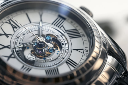 A stunning mechanical watch features a visible movement and intricate details that highlight its craftsmanship.の写真素材