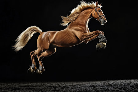 A chestnut horse jumps powerfully against a black background, highlighting its athleticism and elegance during motion.の写真素材