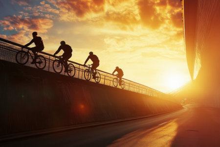 Four cyclists ride silhouetted against a vibrant sunset sky, creating a serene evening atmosphere.の写真素材