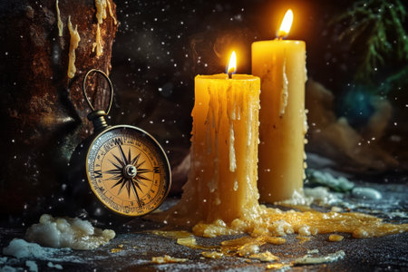 Two lit candles cast a warm glow next to a compass, as wax drips onto the surface in a dim atmosphere.の写真素材