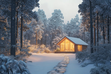 A charming wooden cabin glows warmly among snow-covered trees in a tranquil forest at dusk.の写真素材