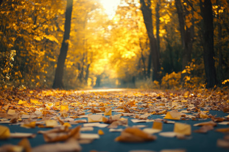 A winding path is covered with colorful autumn leaves under bright golden sunlight filtering through trees.の写真素材