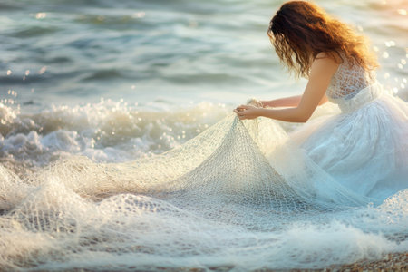 A woman wearing a delicate dress gracefully collects a fishing net by the shoreline during sunset.の写真素材