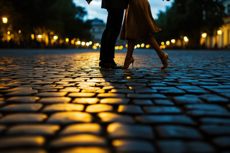 Two people share an intimate moment on a cobblestone street, surrounded by soft glow from streetlights at dusk.の写真素材