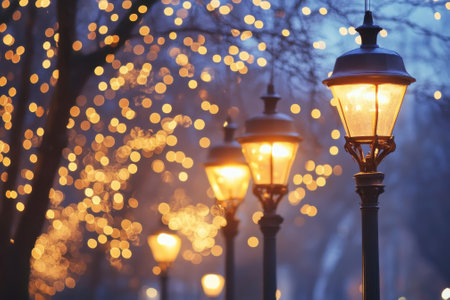 Lanterns glow softly along a serene park path, creating a warm atmosphere amidst the winter chill.の写真素材