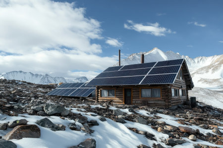A secluded cabin equipped with solar panels sits amidst rocky terrain and snow-covered mountains.の写真素材