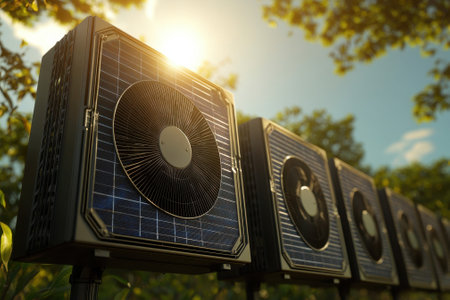 Solar panels positioned under sunlight in a lush, green area, showing sustainable energy solutions in nature.の写真素材