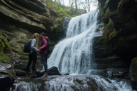 Two individuals stand at a waterfall, captivated by the cascading water and the tranquil forest surroundings.の写真素材