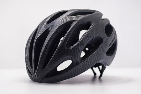 This sleek black cycling helmet showcases advanced aerodynamic design and ventilation for serious cyclists.の写真素材