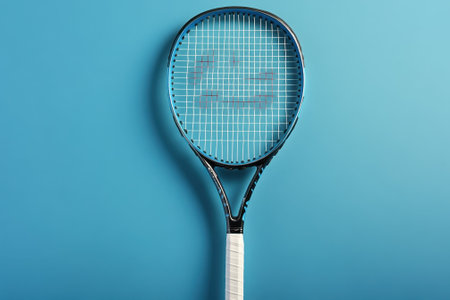 A detailed tennis racket is placed against a blue background, highlighting its design and strings.の写真素材