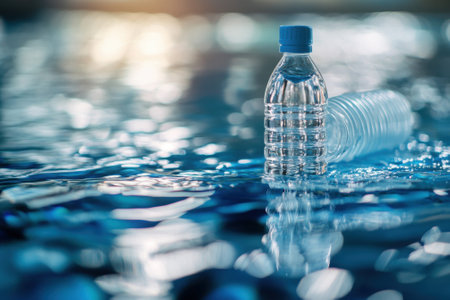 Clear bottled water drifts on a sparkling pool, capturing sunlight and creating gentle ripples.の写真素材